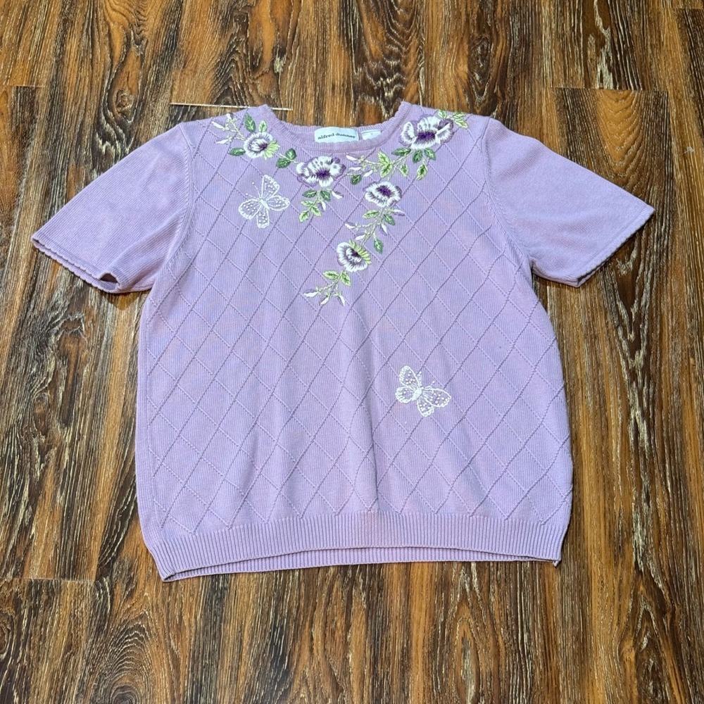Alfred Dunner Womens Lavender Floral Butterfly Embroidered Knit Sweater Size M